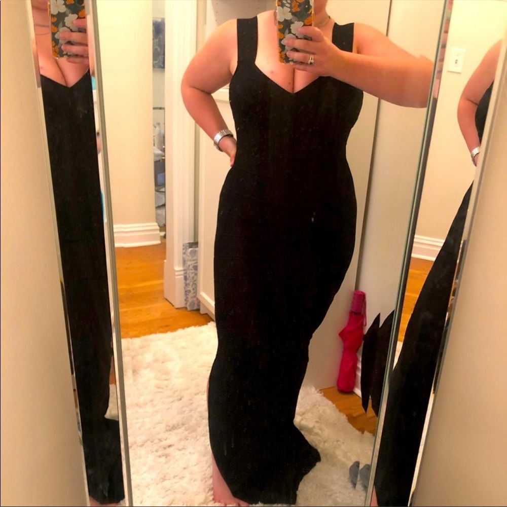 BRAND NEW WITH TAGS HERVE LEGER DRESS. Never worn, black gown with slit on side